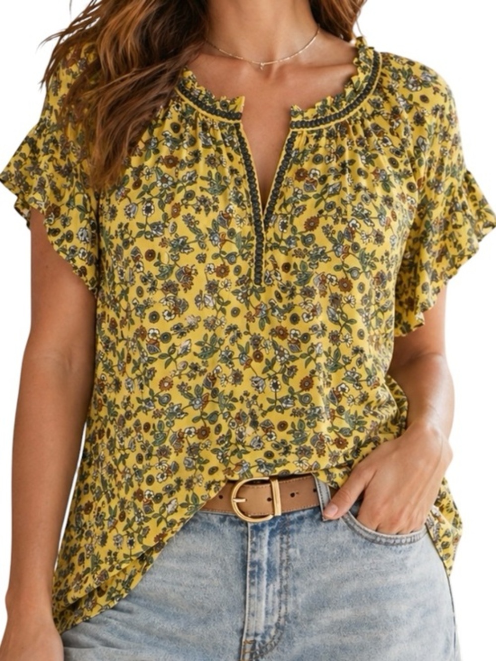 Max Studio Women's Yellow Floral V-Neck Blouse Size 1X Shabby Chic